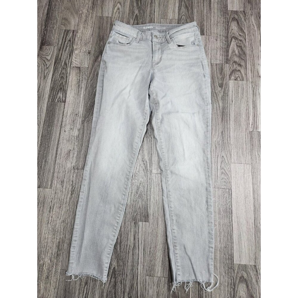(3/$35) Old Navy Rockstar Jeans Womens 4 Reg Gray Mid Rise Raw Hem Distressed
